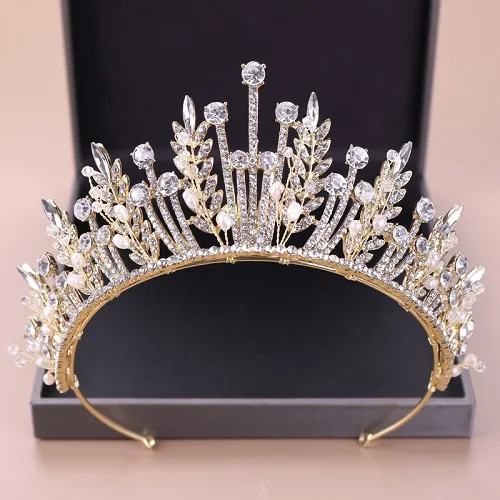 Gold Свадебные диадемы и короны, аксессуары для волос для женщин, Золотая тиара, стразы, жемчужная Корона, головной убор, диадема, украшение для волос - Окраска металла: Gold