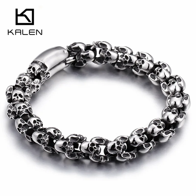 Kalen, Новое поступление, Панк Блестящий череп, очаровательный браслет для мужчин, нержавеющая сталь, Готический серый скелет, браслет для мужчин, ювелирное изделие для паба