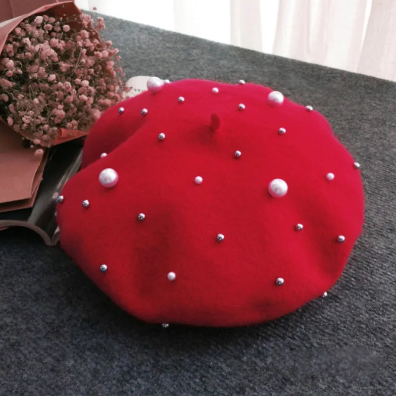 

Autumn Winter Female Fashion 100% Wool Solid Beret Women Felt Hats Warm Soft Bonia Girls French Hat Elegant Pearl Beret