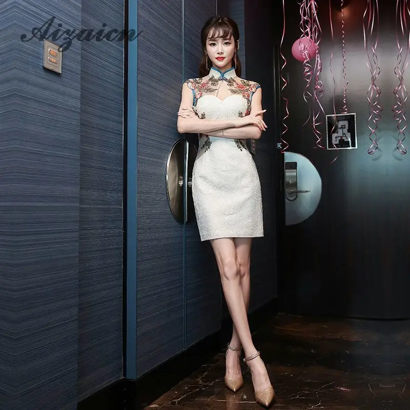 Сексуальное короткое платье чонсам белое с вышивкой Qipao перспективная сетка мини