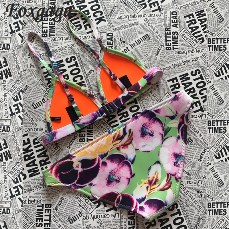 2017 diving sexy bikini two pieces swimwear underwater sports swimsuit floral bathing suit retro biquini FOX1001 |
