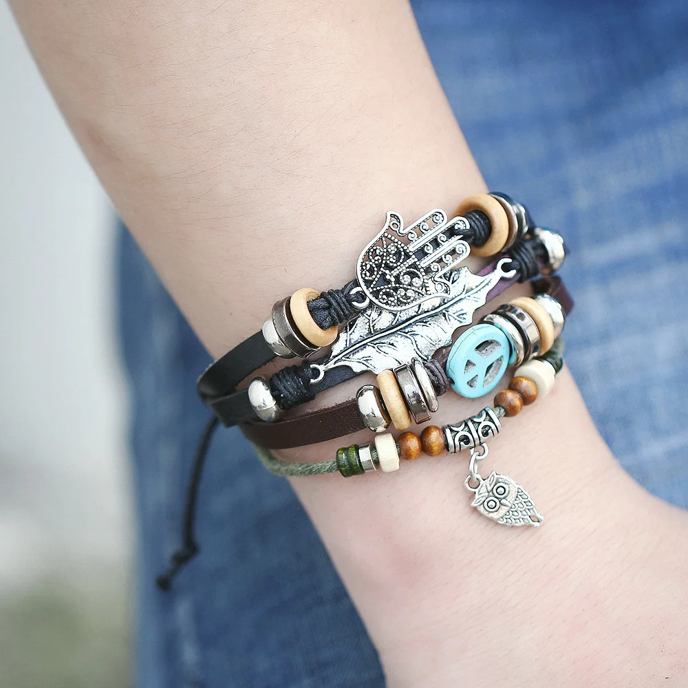 Мужской Многослойный кожаный браслет IF ME винтажный с подвесками в виде листьев