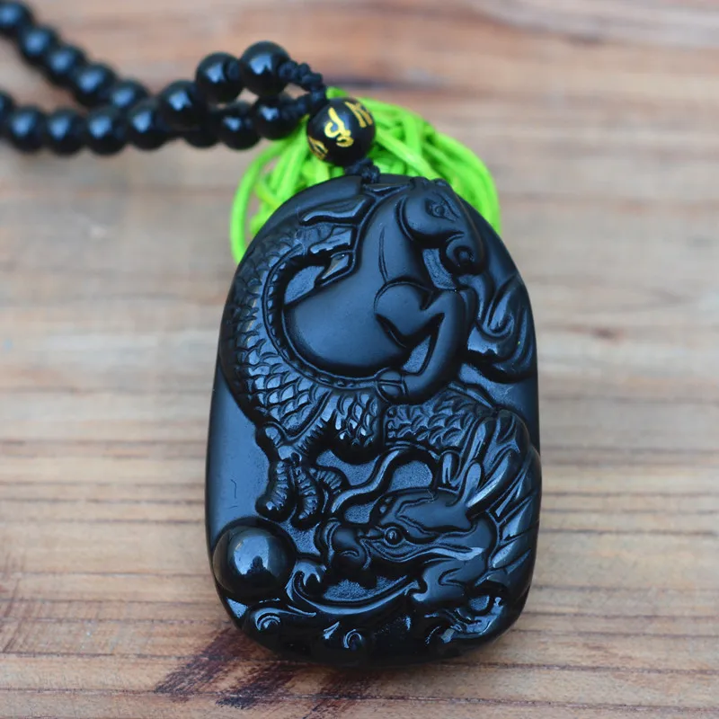 Горячий Стиль натуральный черный обсидиан Каменная Резная подвеска китайский