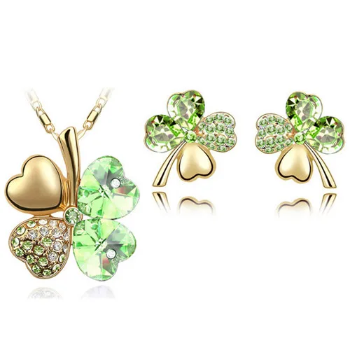 rose gold lightgreen Модные свадебные ювелирные комплекты для невест Австрийские хрустальные стразы золотого цвета ожерелье "Счастливый Клевер" серьги комплект ювелирных изделий - Окраска металла: rose gold lightgreen