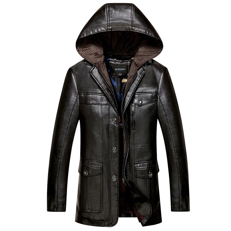 Мужская повседневная куртка из овечьей кожи черная утепленная с капюшоном