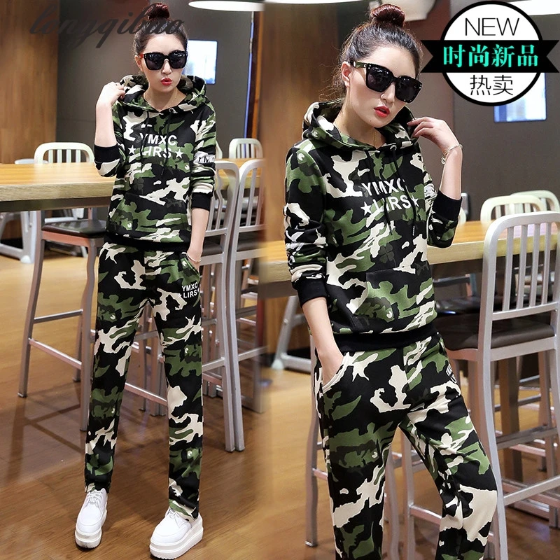 

Новинка 2017, модный Камуфляжный костюм, женский студенческий весенний Повседневный облегающий свитшот большого размера с капюшоном, костюм-...