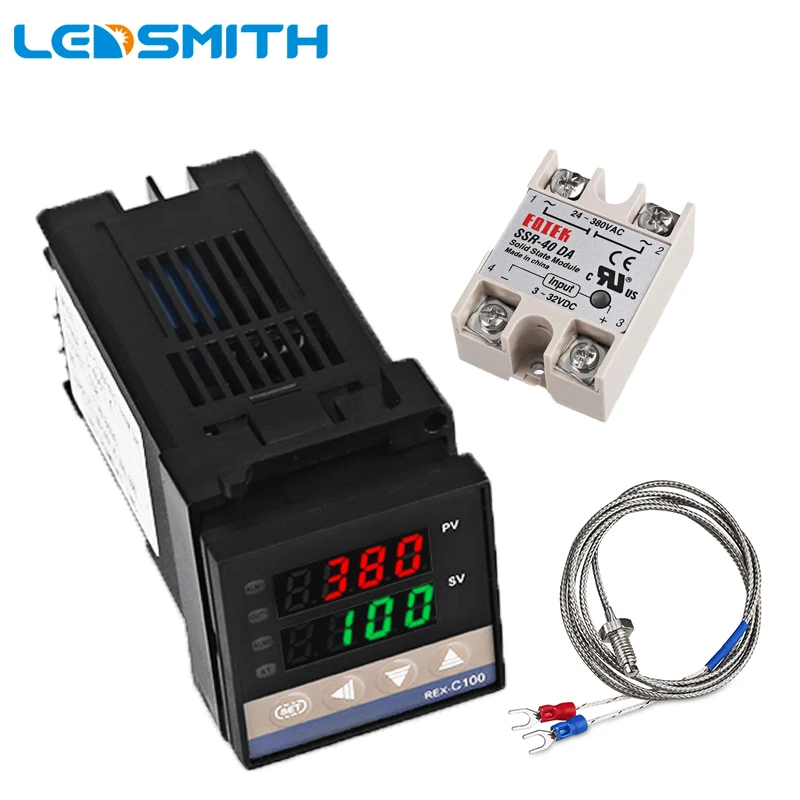 

REX-C100 Двойной цифровой ПИД-регулятор температуры от 0 до 400 градусов, термостат SSR, выходные комплекты с датчиком зонда типа K