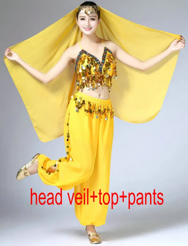 Veil Top Pants Костюм для танца живота с блестками для девочек топ бюстгальтер на бретельках с завязкой вуаль Женская Клубная одежда костюм комплект фестиваль Болливуд Восточный танец наряд - Цвет: Veil Top Pants
