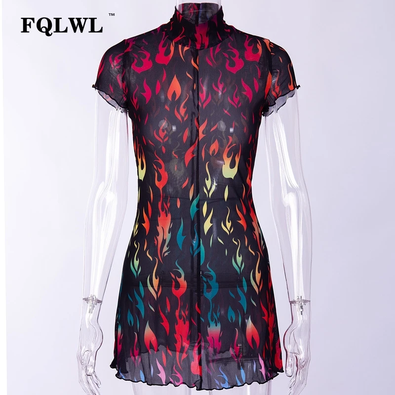 FQLWL Fire Print прозрачный сетчатый сексуальный Клубное платье для женщин с коротким рукавом Boho Прозрачное мини-платье женские летние короткие вечерние платья