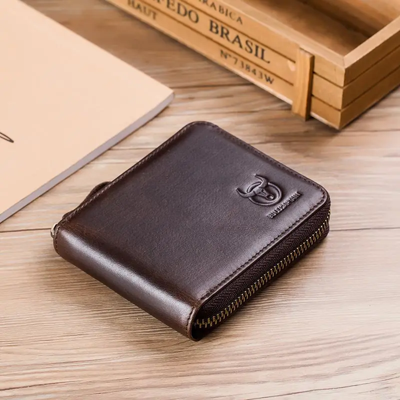 Coffee BULLCAPTAIN мужской кошелек из кожи RFID, брендовый кошелек, Ретро стиль, мужской короткий кошелек для монет, кошелек на молнии, держатель для карт, кошелек - Цвет: Coffee
