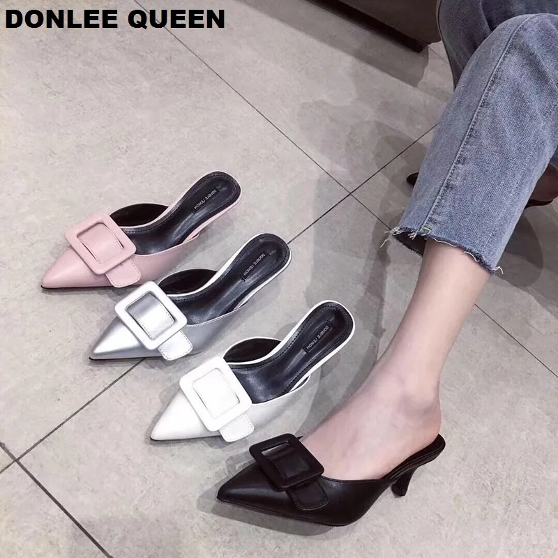 Женские босоножки на высоких каблуках с пряжкой и мюли сексуальный острый носок