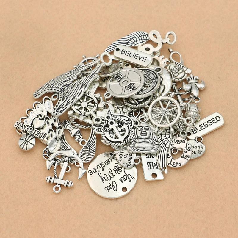 50 шт./лот Смешанные тибетские Посеребренные сердца Ангел Подвески Ювелирные