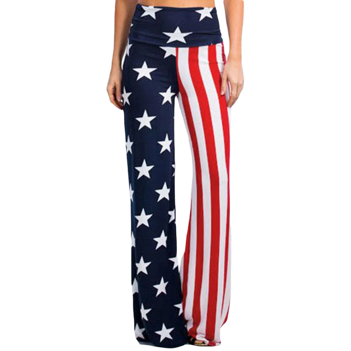 Женская Мода американский флаг Высокая талия широкие брюки свободные Palazzo Брюки |