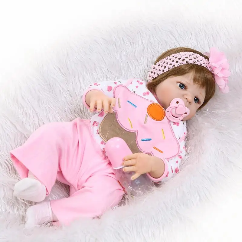 55cm brown hair full Silicone Reborn Baby Dolls 22&quot Toys For Kids Newborn Girl Babies alive Doll Child Birthday Gift blue eyes | Игрушки