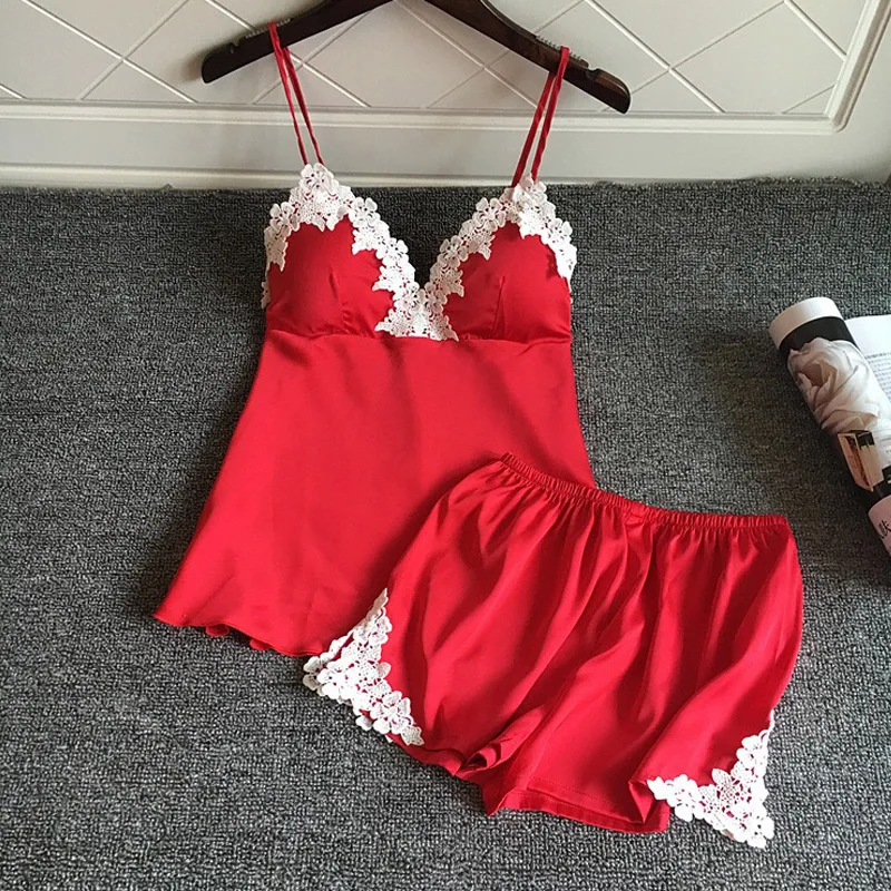 2018 NEWSummer красные шелковые пижамы для Для женщин Pijama атласные сексуальное