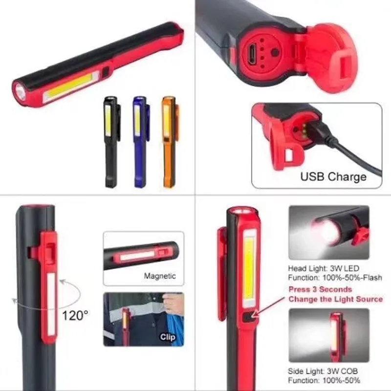COB LED USB перезаряжаемая магнитная ручка с поворотным зажимом фонарик Рабочий