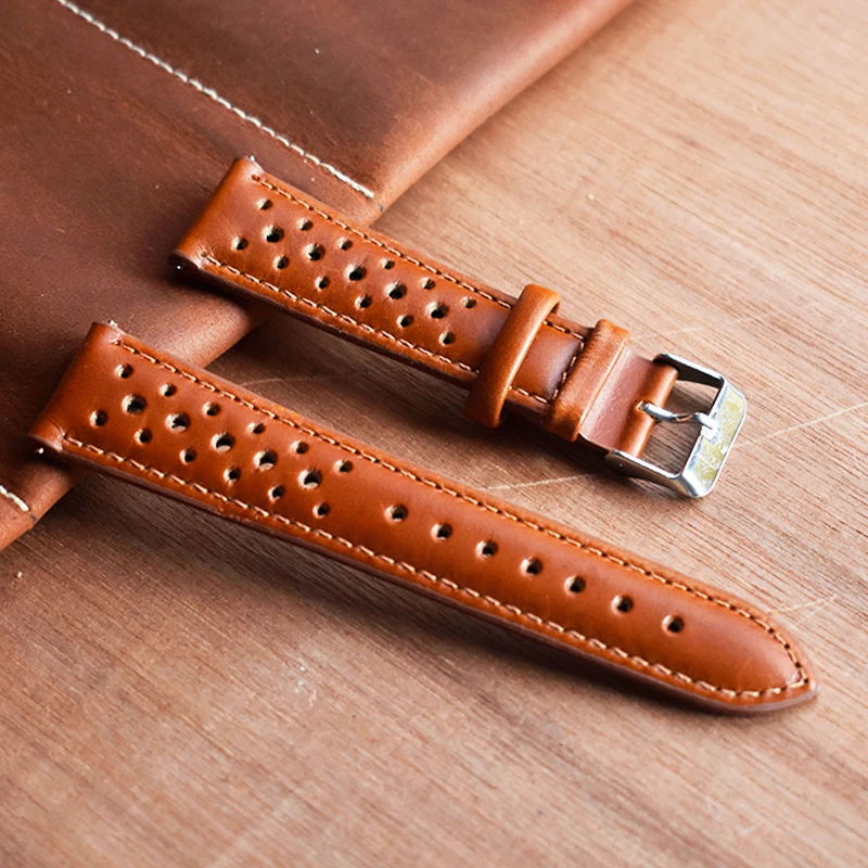 brown Часы Onthelevel 18 мм, 19 мм, 20 мм, 22 мм, 24 мм, с кожаным ремешком, пористый красный, черный, ремешок для часов, ручной работы, сшитый ремешок для часов# D - Цвет ремешка: brown