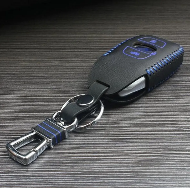 Чехол для ключей из натуральной кожи для Subaru XV BRZ Forester Legacy Outback - Название цвета: Blue Stitch