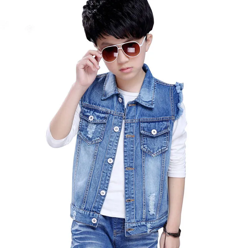 Демисезонная Джинсовая безрукавка для мальчиков с дырками верхняя одежда детей