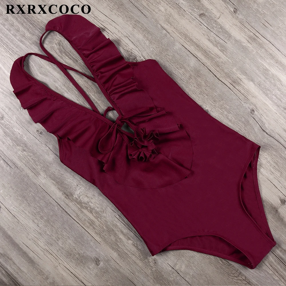 RXRXCOCO, новинка, сексуальный цельный купальник с оборками, женский купальник, пуш-ап, Одноцветный, боди, бандаж, купальники, открытая спина, купальники