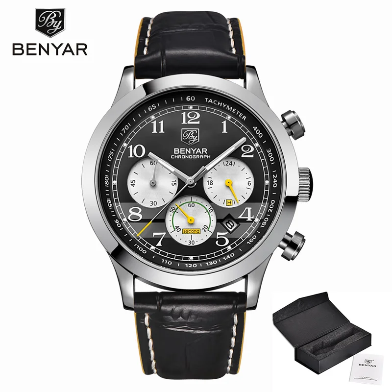 BENYAR Men Watches Quartz Chronograph Top Brand Luxury Watch Men Wristwatch Mens Military Waterproof Clock Men Relogio Masculino - Цвет: Silver Yellow