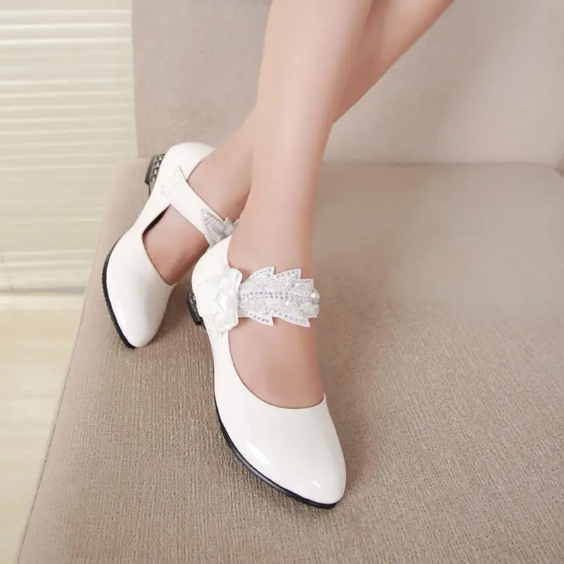 Детская обувь со стразами Белые и черные кожаные туфли для девочек Zapatos Ninas