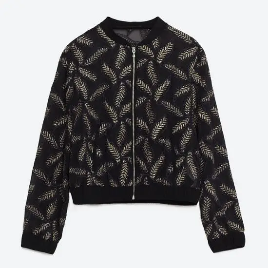 Новый 2016 Осенняя Мода Женщины Перо Вышивка прозрачная Сетка Куртка &quotПилот&quot