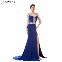 janevini 2018 royal blue satin beading long bridesmaid dresses sweep train high split illusion back formal prom gowns for women