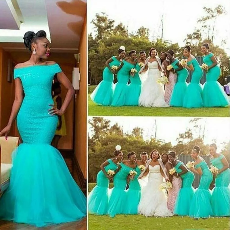 

Elegant Turquoise Mermaid Bridesmaid Gowns Hot Sale Cheap Long Wedding Guest Party Dresses African Maid of Honor Dress Vestido