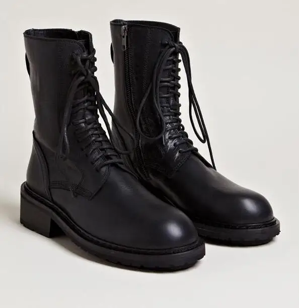 Black ankle boot Mcacchi/Новинка; сапоги до колена на шнуровке с пряжкой; женская кожаная зимняя обувь на низком квадратном каблуке и плоской подошве; два способа носки; рыцарские сапоги в байкерском стиле - Цвет: Black ankle boot