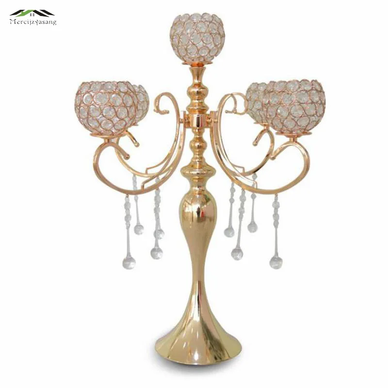 

New Metal Gold/Silver Candle Holders 5-Arms With Crystals Stand Pillar Candlestick For Wedding Portavelas Candelabra 03101