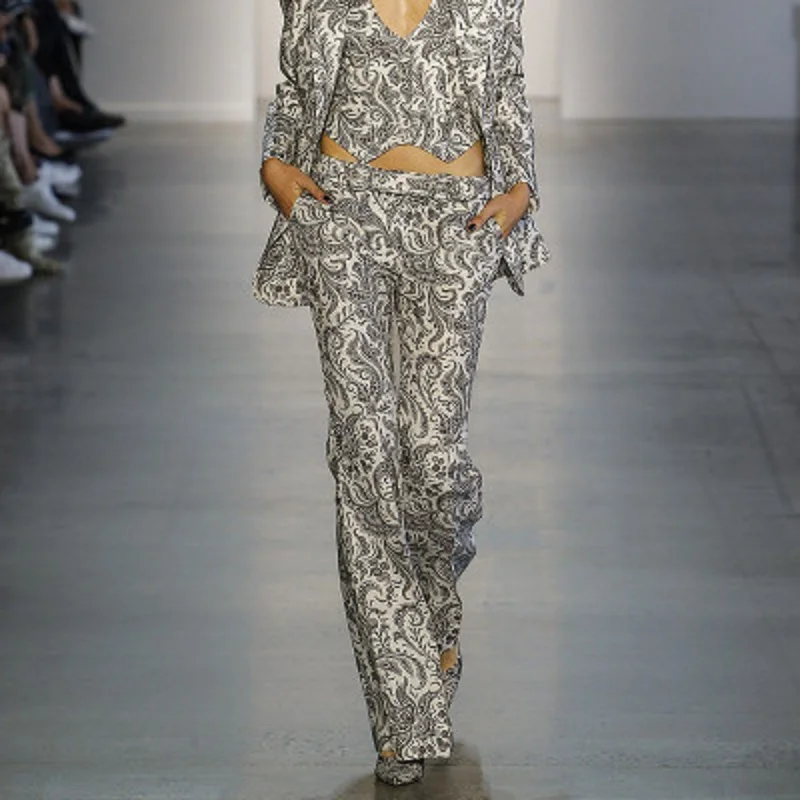 Лето 2019 винтажные штаны клеш с принтом RunwayPrint золотые льняные хлопковый топ