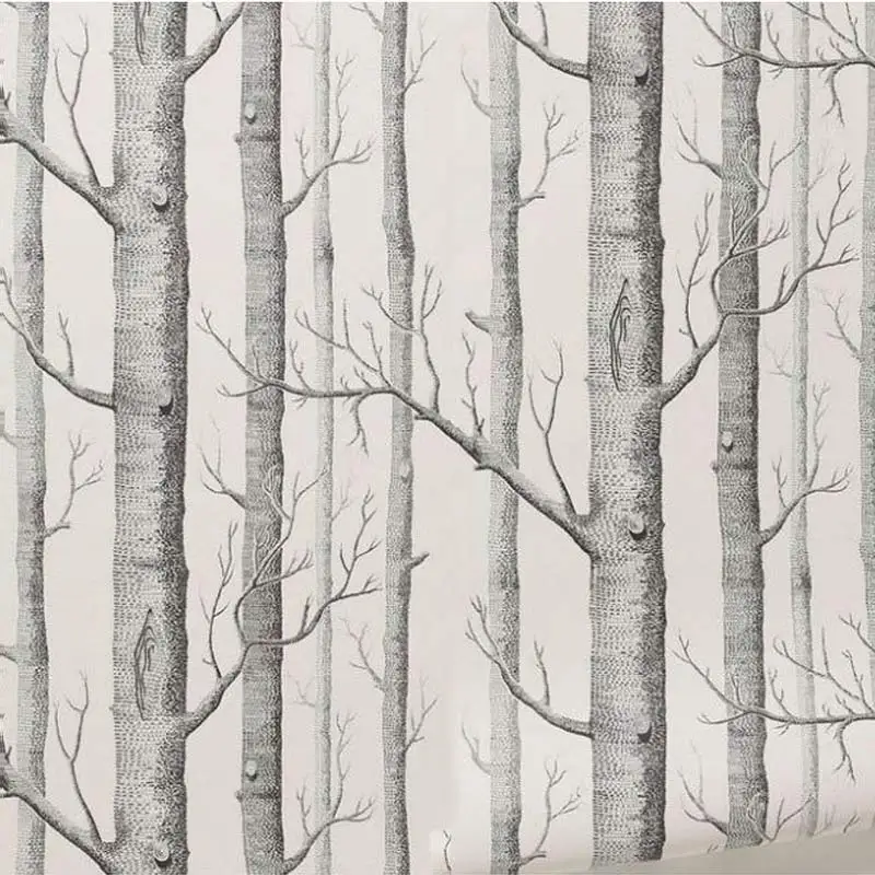 

Birch Tree Pattern Non-woven Woods Wallpaper Roll Modern Designer Wallcovering Simple Black And White Wallpaper For Living Room