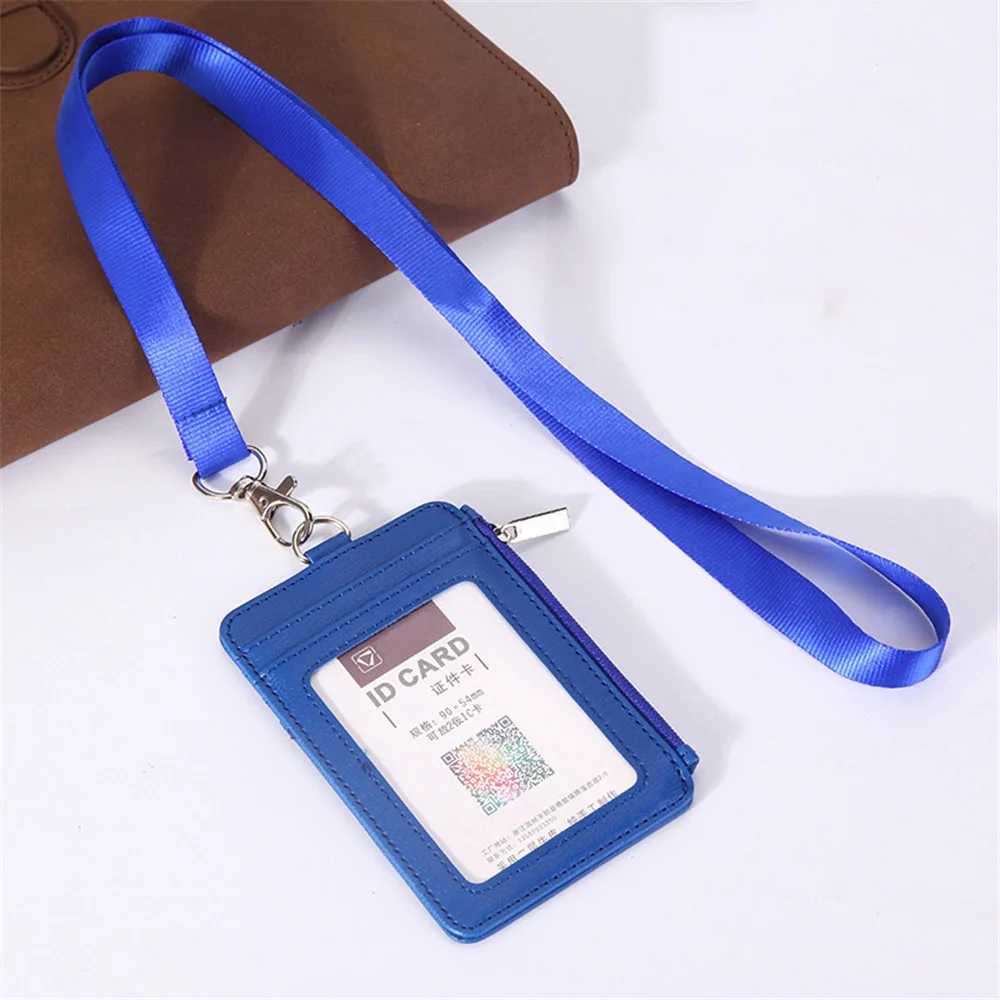 blue 1 шт., однотонный кожаный держатель для карт, ремешок, ожерелье, на молнии, Чехол для карт, бизнес-держатель для карт, органайзер, портативный кошелек - Цвет: blue