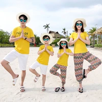new fashion family matching outfit for holiday mommy daughter yellow t shirt and print pants set father son letter print t shirt