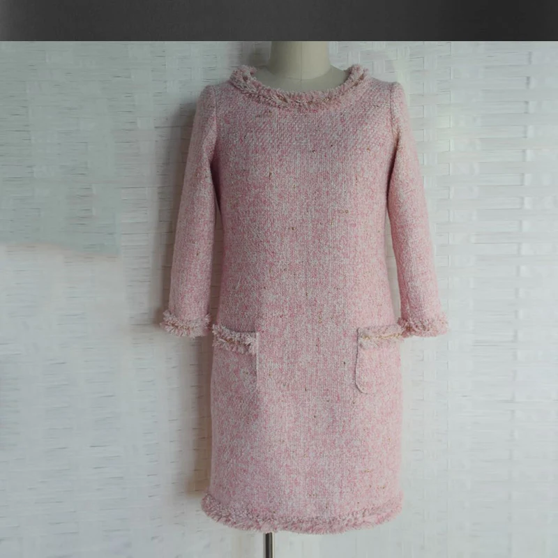 Женское твидовое платье розовое с цепочками весна осень зима 2020|ladies dresses|women