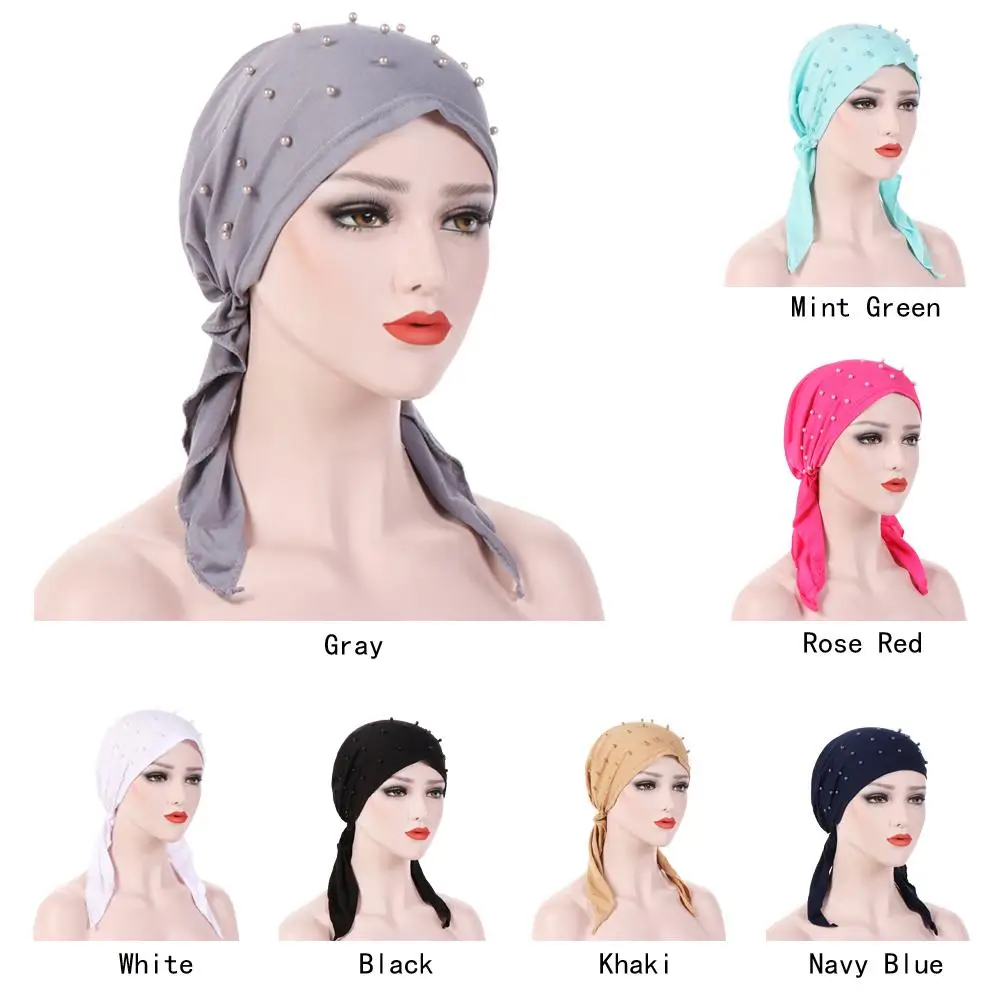 Muslim Beading Hijabs Islamic Turban Headscarf Long Tail Bandanas Hair Loss Hat Stretch Arab Chemo Cancer Cap Wrap Bonnet Beanie |