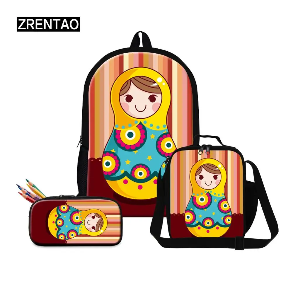 

Cute Cartoon Russian Matryoshka Doll Printing Children School Backpack Set Canvas Large Shoulder School Bag Sets For Teens Girl