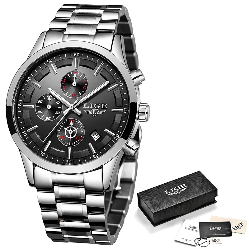 Silver black S LIGE Топ люксовый бренд часы для мужчин Мода нержавеющая сталь водонепроницаемый хронограф кварцевые часы для мужчин s наручные часы Relogio Masculino - Цвет: Silver black S