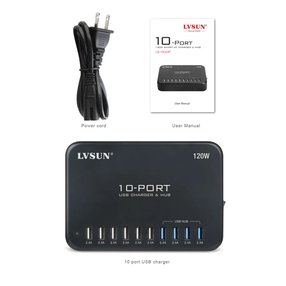 LVSUN 120 Вт 5 в 24 а 10 портов USB зарядное устройство и концентратор 2 0 чипсет с