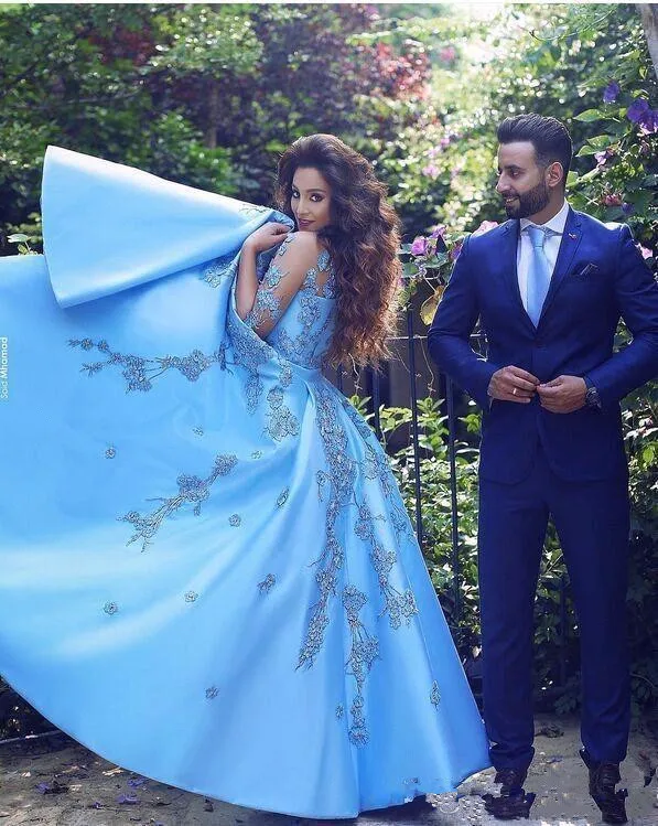 Арабское вечернее платье в Дубае голубого цвета Новое поступление 2019 прозрачная