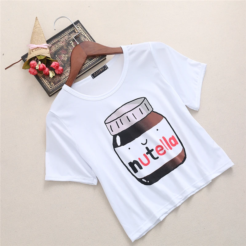 2018 Nutella принт белый кроп топы летние футболки с коротким рукавом в стиле