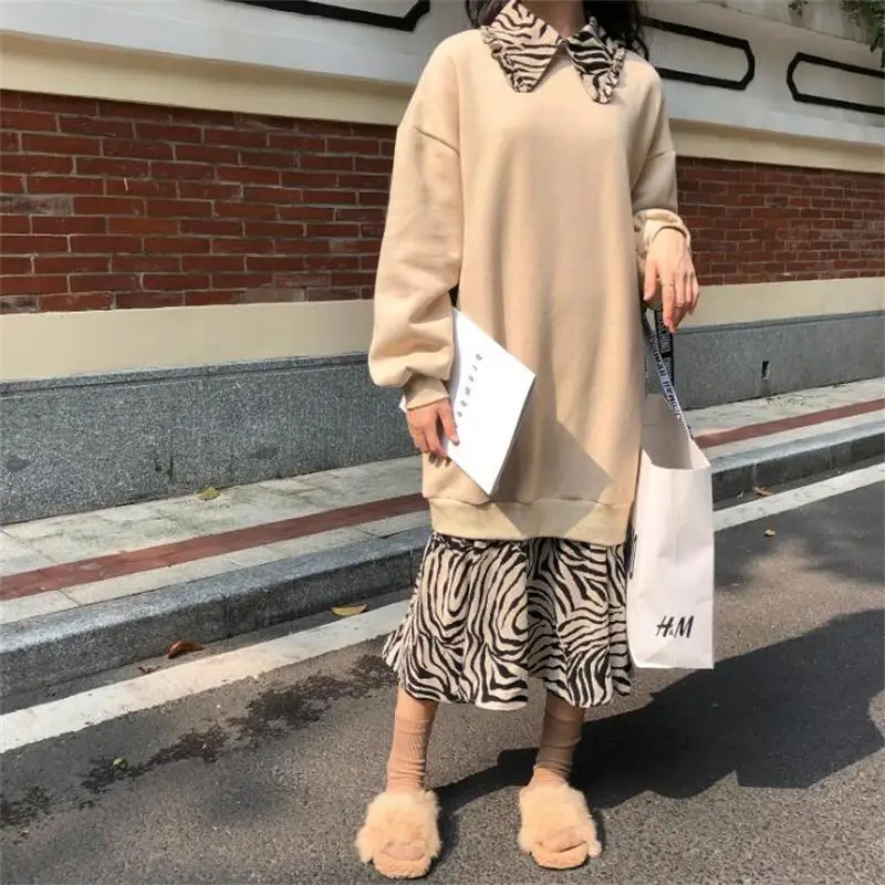 women's clothing 2019 new arrival women spring autumn fake two pieces ruffles patchwork dresses ladies loose sweaters dress | Женская