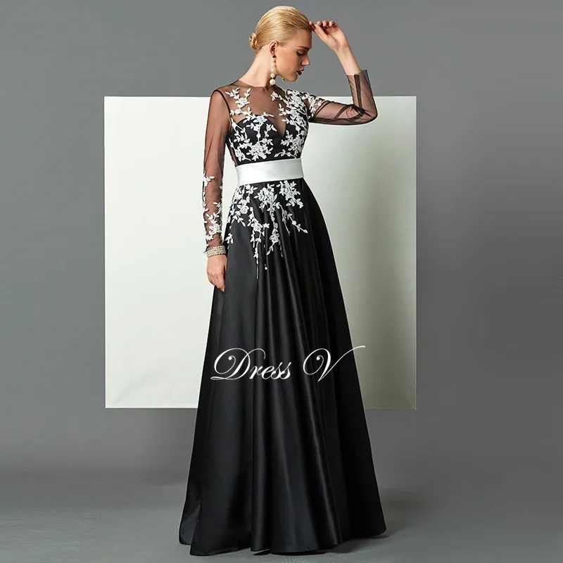 Dressv Черное вечернее платье трапециевидной формы с длинными рукавами, белое вечернее платье с аппликацией и пуговицей сзади, длинное вечернее платье в пол, официальное вечернее платье