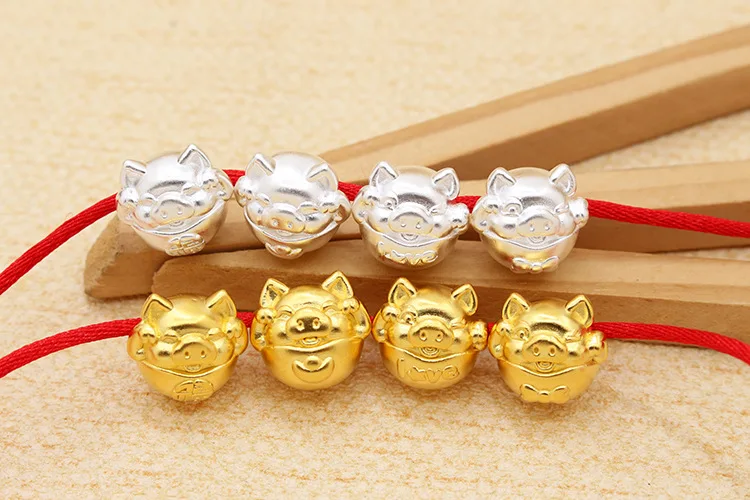 Real 925 Sterling Silver Gold Pig 3D Charm Fashion DIY jewelry Making Findings Necklace Bracelet Beaded Accessories Wholesale