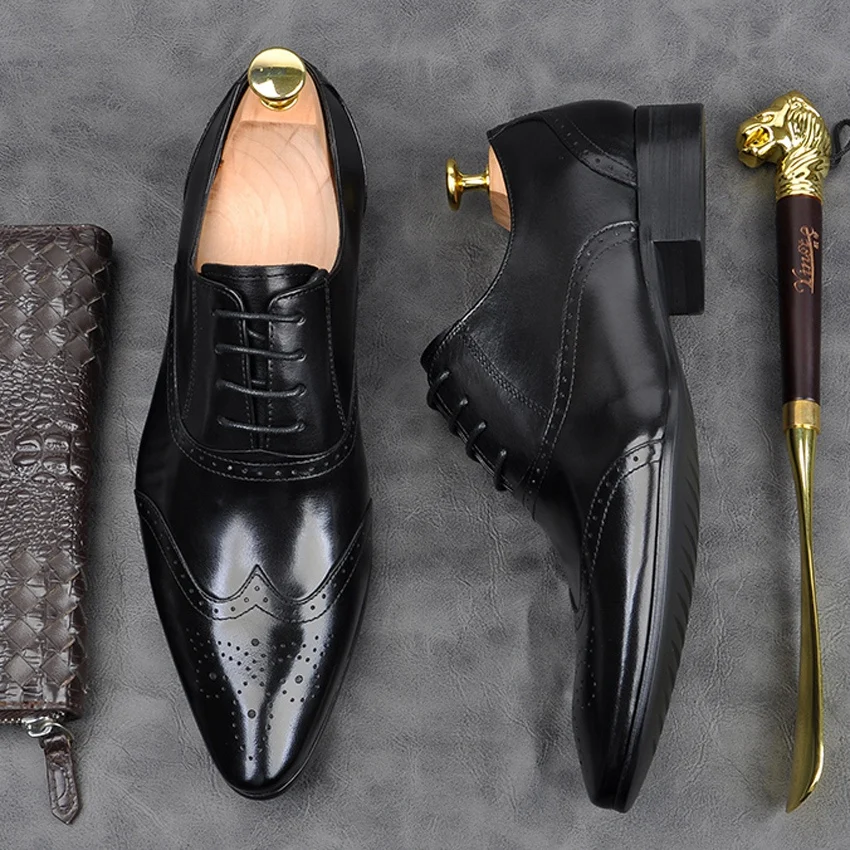 

Vintage Genuine Leather Formal Dress Party Wingtip Brogues Shoes Retro Pointed Toe Men's Wedding Office Oxfords For Male AM132