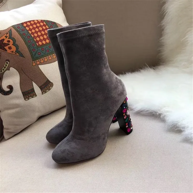 grey short Silla/женские ботфорты выше колена из эластичного флока; женские сапоги на очень высоком каблуке с круглым носком, украшенные кристаллами; сапоги из натуральной кожи; облегающие сапоги - Цвет: grey short