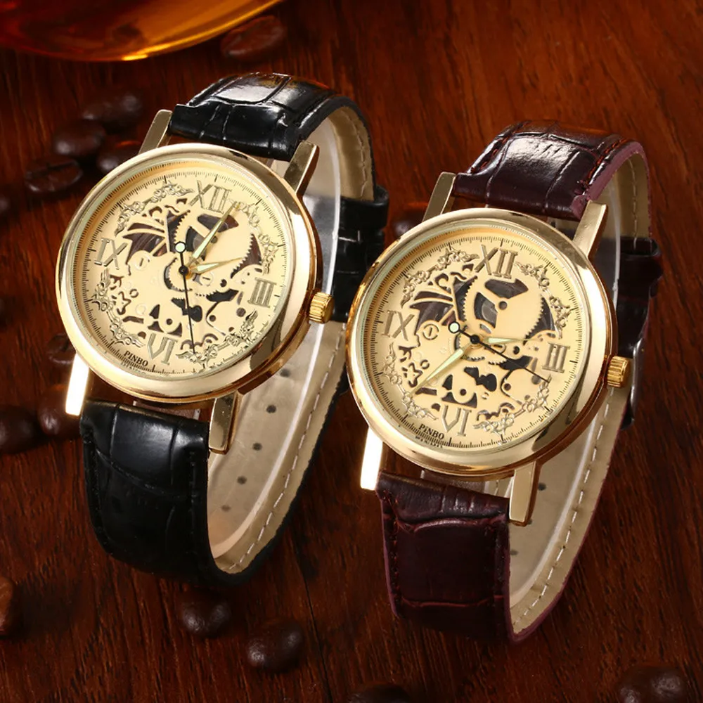 Мужские кварцевые часы с кожаным ремешком коричневые наручные золотым