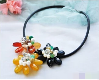 Free Shipping&gt&gt&gtHandmade 18&quot red black yellow agate flower leather chain necklace | Украшения и аксессуары