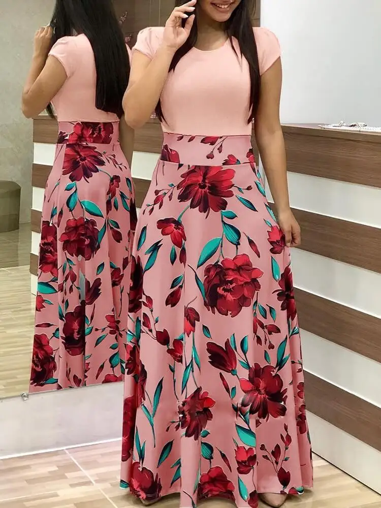 short sleeve 2 Женское платье с короткими рукавами и круглым вырезом в стиле пэчворк; женское платье с цветочным принтом и драпировкой; Vestidos; женское длинное платье макси; Повседневное платье - Цвет: short sleeve 2